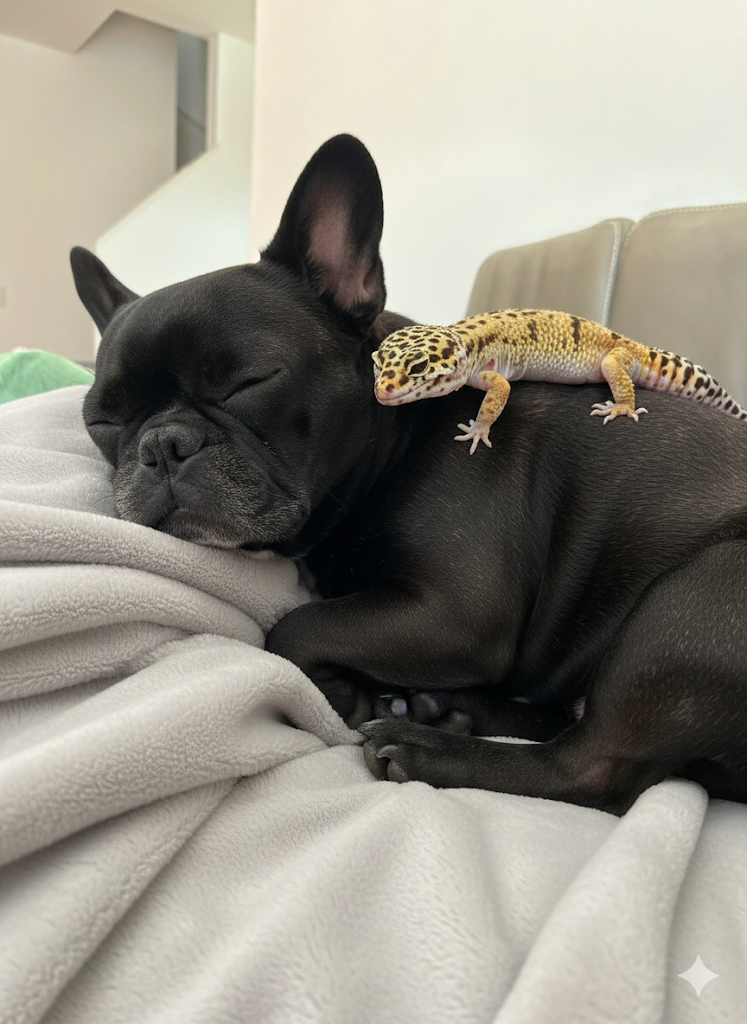 画像生成AIで作った犬とトカゲが寝ている画像